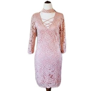 VINTAGE BLUSH PINK LACE LONG SLEEVE LINED DRESS SIZE MEDIUM